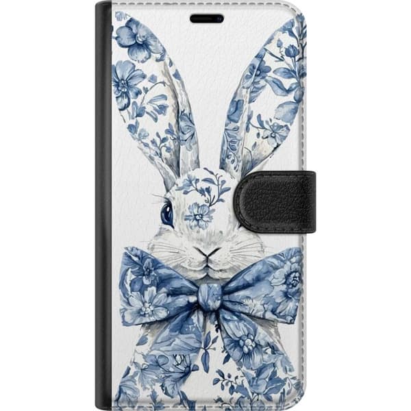 Compatible Wallet Case for Samsung Galaxy S25+ Rabbit with blue floral pattern and bow on light background blue
