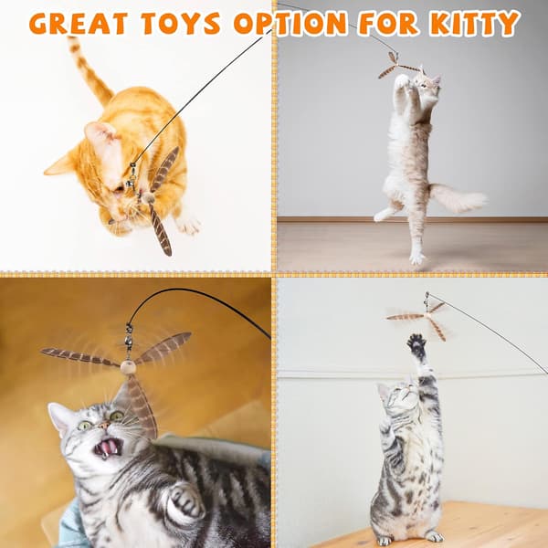 Interactive Cat Wand with Feathers, Stimulate Natural Hunting with 3-pack 100% Natural Feather Refills, Retractable Cat Toy for Indoor Cats