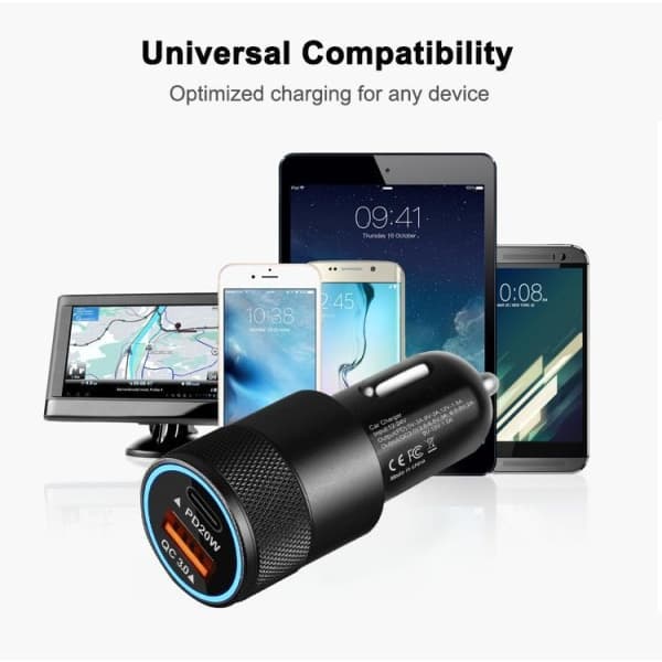 38W Dobbelt Biloplader 20W USB-C & 18W USB-A QC3.0 Sort M