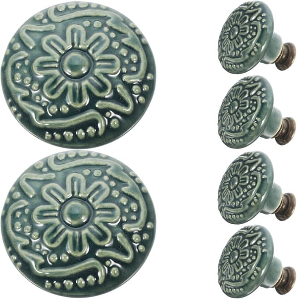 Vintage Ceramic Knobs for Cabinets, Round Single Hole Handles, Decorative Furniture Knobs, Green