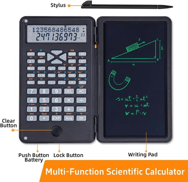 Scientific Calculator with Writing Tablet, Foldable Cover, Anti-Erasure Lock, and One-Key Clear Function, Perfect for School, Finance, and Engineering