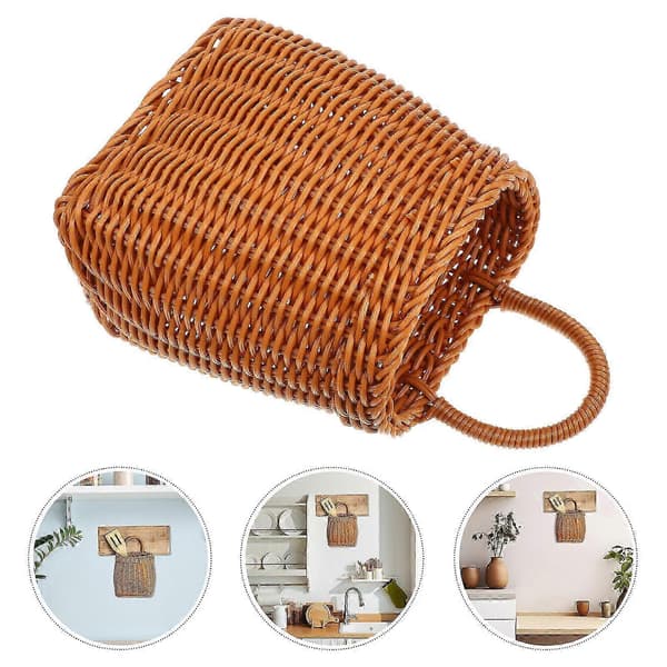 Imitation Rattan Woven Wall Basket, Durable Plastic Storage Solution for Kitchen, Brown, 1 Set