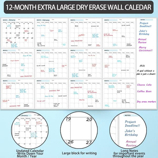 Wall Planner, Wall Calendar, 12 Month Annual Dry-Erase Large Foldable Writable Surface, Planning Eraseable Boards for Office Home & S[DB]