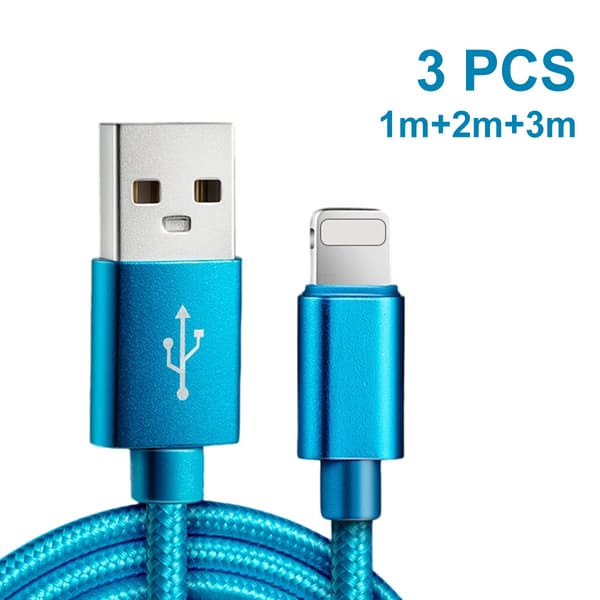 3-pack högkvalitativa iPhone-laddningskablar 1, 2 och 3 meter ljusblå