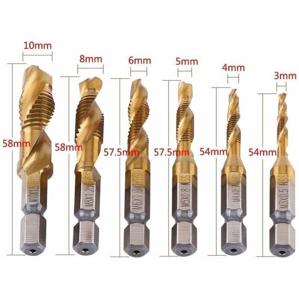 Set of 6 Taps. Thread Drill. Metric Thread M3-M10 with HSS Titanium Coating and 1/4\" Fluted Hex Shank Taps for Tapping Various Threads.
