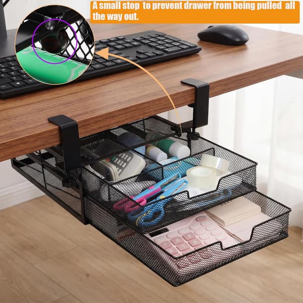 Under-desk Pull-out Drawer Organizer, 2-Tier Metal Clamp-on Storage Drawers for Home Office, Black, No Drilling