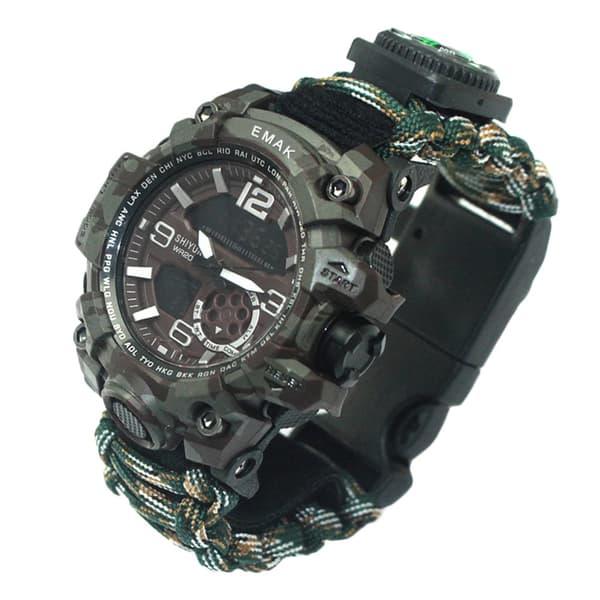 Overlevelsesur til camping: multifunktionelt armbånd med kompas, fløjte og paracord