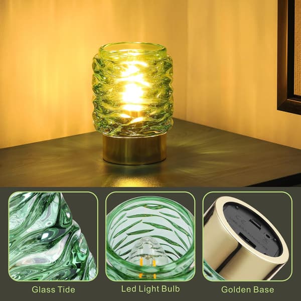 LINEWAY Battery Operated Lamp with Timer, Cordless Small Table Lamp for Home Decor, Decorative Glass Battery Powered Lamp with LED, Green