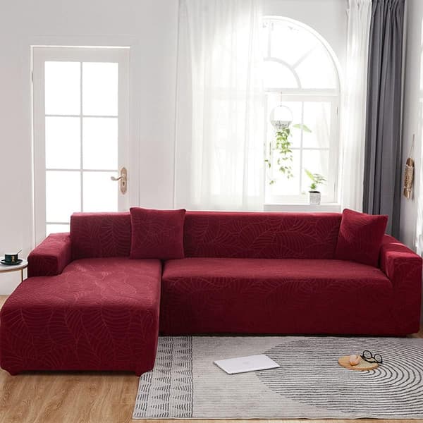 Vanntett sofatrekk - Vinrød Jacquard Bladmønster - For 4-seters sofa (235-300 cm)