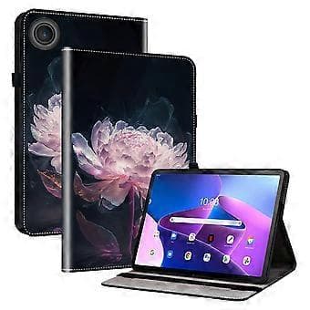 Leather Case with Printed Pattern and Stand for Lenovo Tab TB311FU, Tablet with Card Slots (Purple Peony)