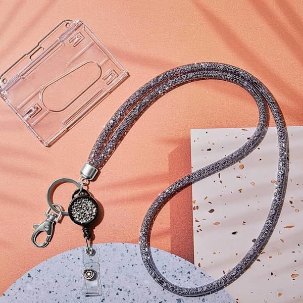 Luxury Lanyard with Crystal Beads, Imported Nylon Mesh Design for Unrivaled Elegance (Grey, 40cm/15.75in Adjustable Length)