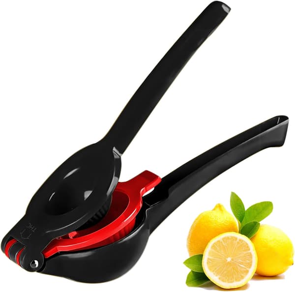 2-in-1 Lemon and Lime Squeezer - Heavy Duty Manual Citrus Juicer with Seed Filter & High Leverage, Dishwasher Safe Metal, Black and Red