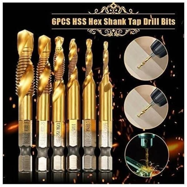 Set of 6 Taps. Thread Drill. Metric Thread M3-M10 with HSS Titanium Coating and 1/4\" Fluted Hex Shank Taps for Tapping Various Threads.
