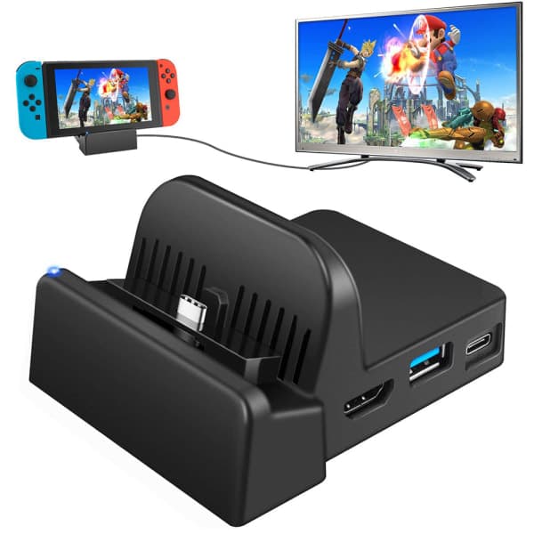 SC TV-basert bærbart stativ med HDMI-omformer, kompatibel med Nintendo Switch.