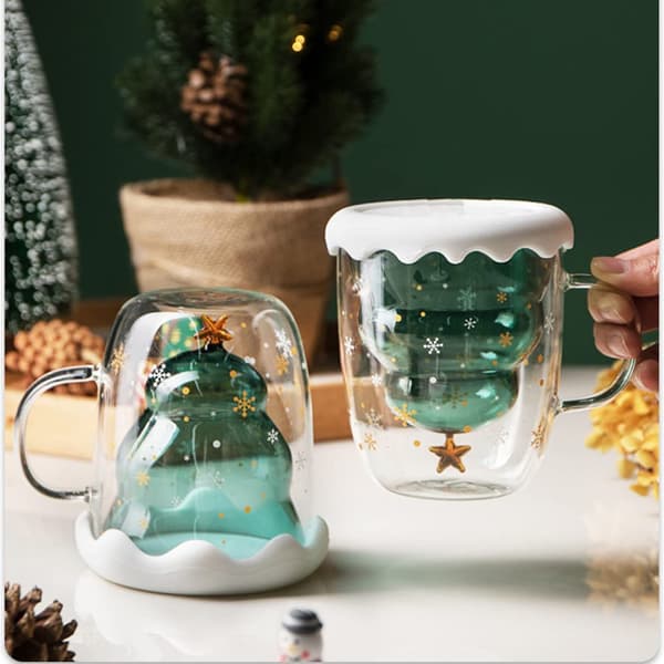 Jul-tema dubbelväggig isolerad glasmugg (med lock) - 300 ml söt presentmugg, lämplig för kaffe och te
