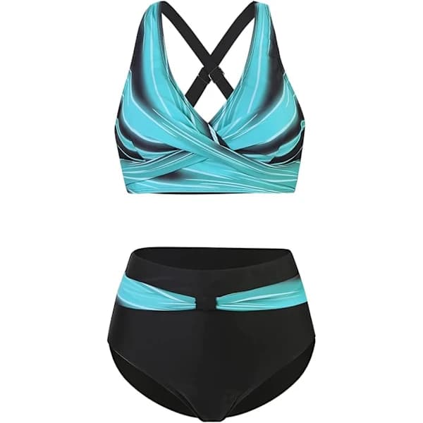 Todelt badedragt til kvinder, V-hals, krydsende blomstret bikini, badedragt, Tummy Control Bikini-sæt BLÅ BLUE L