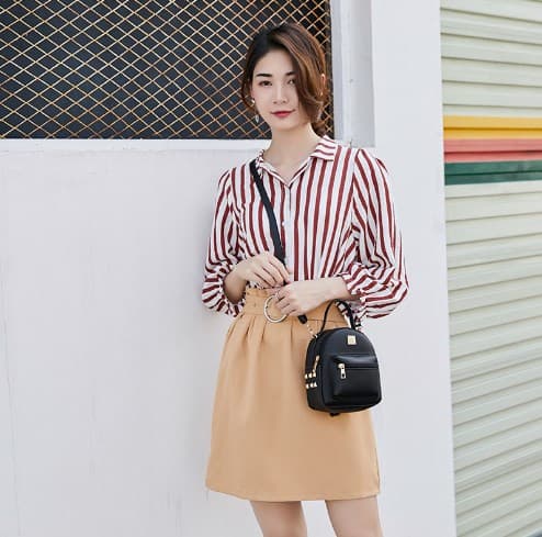 [LCS] Women's Backpack PU Detachable Shoulder Strap Lightweight Practical Mini Women's Small Backpack with Handle Black Free Size