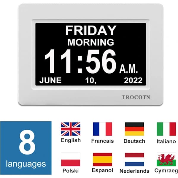 Digital klokke med dato og uke, kalender med ukedagsvisning (7 tommer hvit) Hvit-FX- Hvit White
