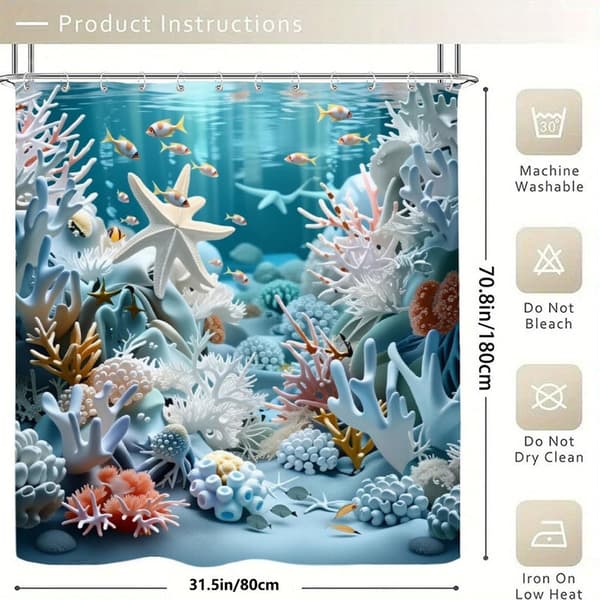 Blue Ocean Shower Curtain with Shells & Starfish, Polyester, High Quality, 12 Hooks, Bathroom Curtain