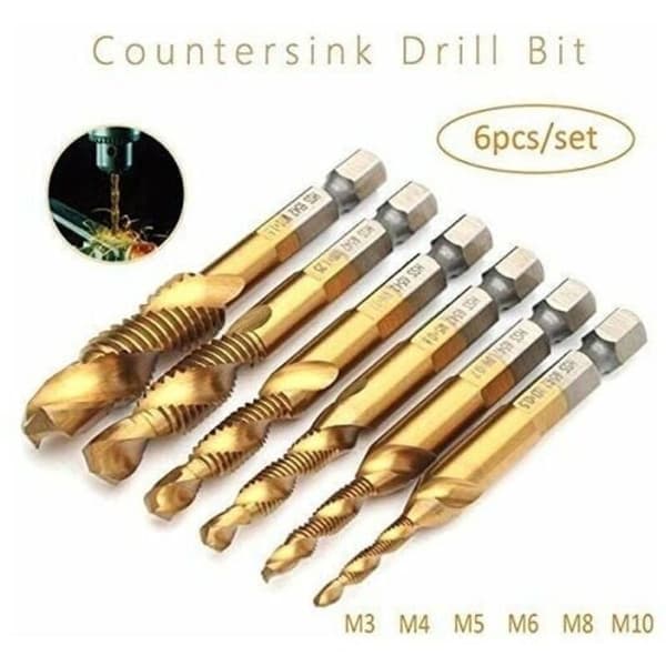 Set of 6 Taps. Thread Drill. Metric Thread M3-M10 with HSS Titanium Coating and 1/4\" Fluted Hex Shank Taps for Tapping Various Threads.
