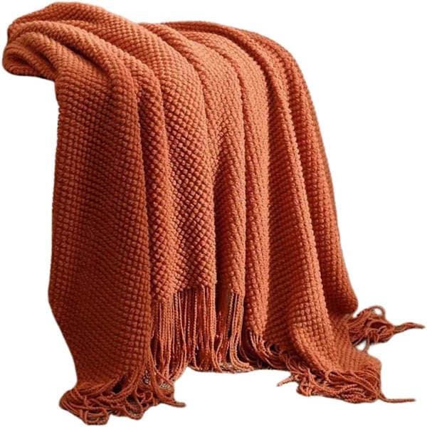 Fransad pledd til sofa 130x180 cm Pustende Mykt Vevd Teppe Brun Rød Høstteppe til Kontor Stue Soverom