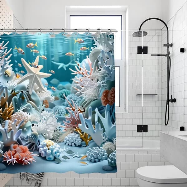 Blue Ocean Shower Curtain with Shells & Starfish, Polyester, High Quality, 12 Hooks, Bathroom Curtain