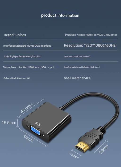 HDMI til VGA-adapter Han til Hun-konverteringsadapter 1080P til tablet-pc bærbar computer sort