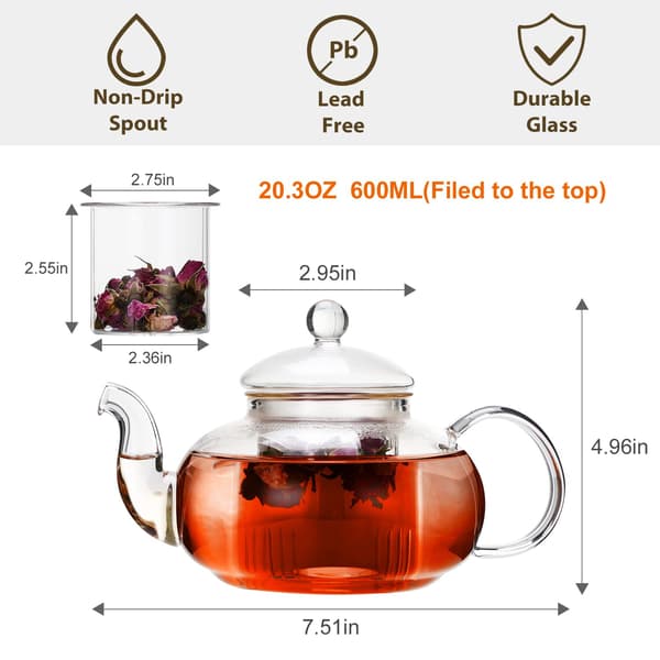 Glass Teapot Stove Safe, Clear Teapot with Removable Strainer
