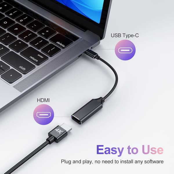 USB C til HDMI 4K Adapter til Mac OS, Type-C til HDMI Adapter [Thunderbolt 3], Kompatibel