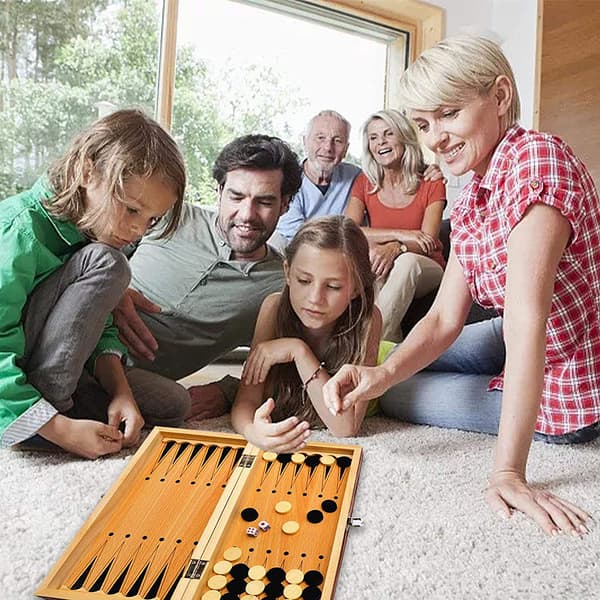 3-i-1 Trä Schackspel Bärbar Schackset Schack Backgammon Damspel för inomhus Trä Schackspel