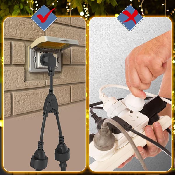 Double Socket, Extension Cable with 2 Sockets 16A/ 250V/ Max.3680W 2 in 1 IP44 2-Way Power Strip Double Socket for Home, Office