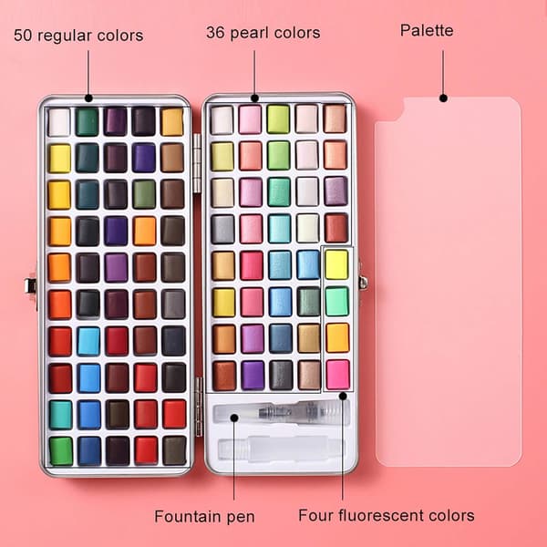 Akvarelmaling Sæt 50/72/90 Farver Bærbar Levende Farver Solid Akvarel Pigment Maling Sæt Perfekt til Studerende, Børn, Begyndere & Mere (90 farver)