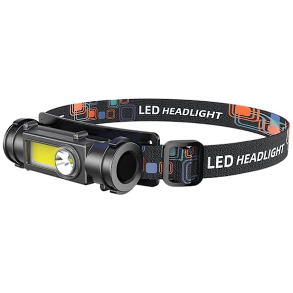 An Outdoor LED Headlamp Flashlight with Adjustable Headband, Dual Light Sources, and 180-Degree Rotation Adjustment