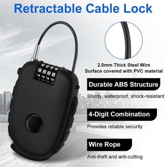 Bike Lock - Retractable Cable Lock with Combination Code - 75 cm Stainless Steel Core - Universal Bicycle Lock - For Bicycles, Scooters and Electric Bikes - Black