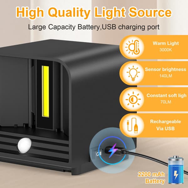 Indoor Wall Lamp, 2-Pack, Wall Lamp with Motion Sensor, Rechargeable LED, 3000K Warm White Light, Wireless, Adjustable Light Angle (Black)