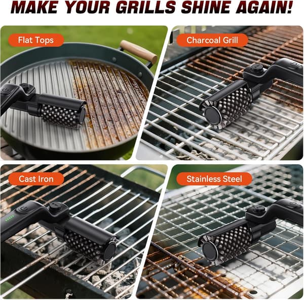 Elektrisk roterende grillbørste for utendørs BBQ, 3-hastighetskontroll, 304 rustfritt stål BBQ-grillbørste uten børster som faller av, 90 minutter forlenget