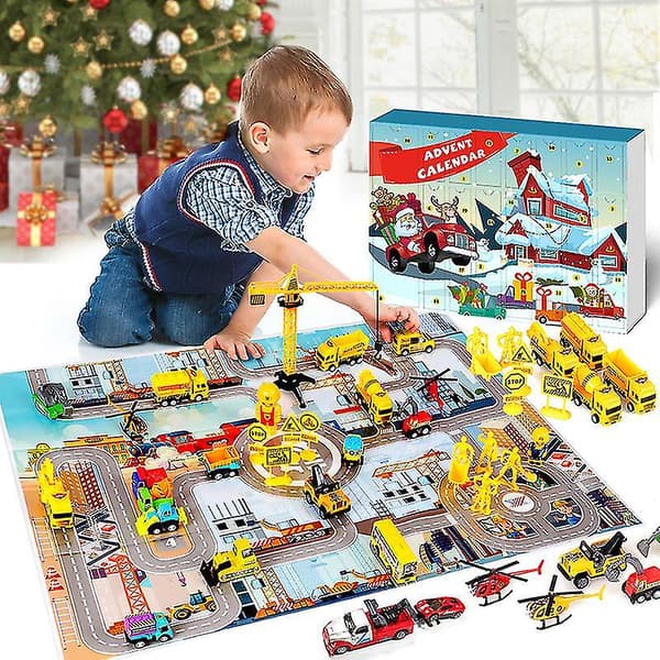 Biler julekalender til børn drenge 2025 jul, 24 træk-tilbage-køretøjer legesæt med kranhelikopter traktor konstruktion tru