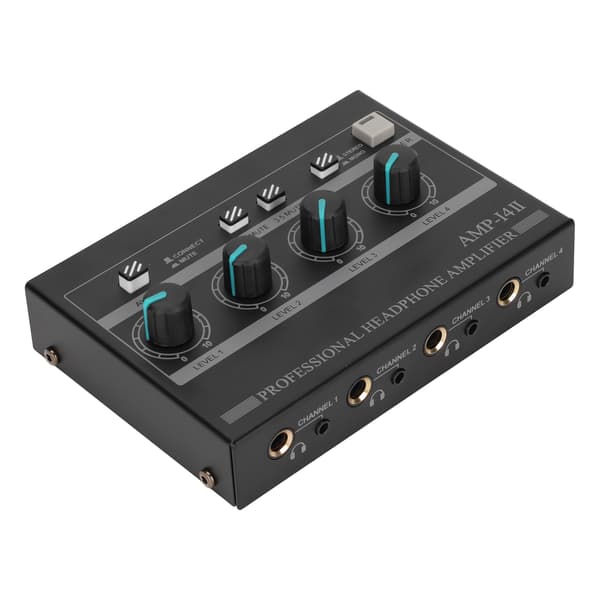 AMP‑14II 4-kanals hörlursförstärkare Kompakt 4-vägs stereohörlursförstärkare med 12V 2A adapter för studio scen 100‑240V