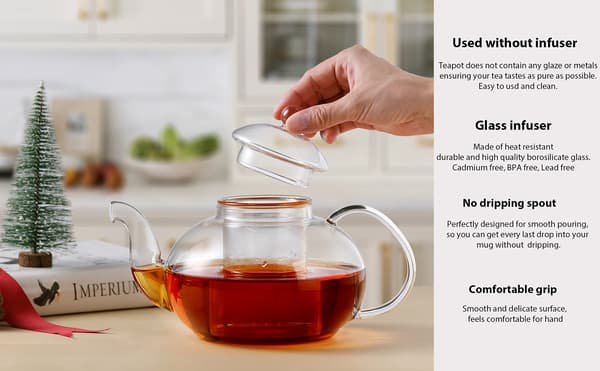 Glass Teapot Stove Safe, Clear Teapot with Removable Strainer