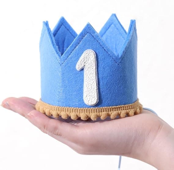Baby First Birthday Crown, 1st Birthday Hat with Elastic Band, Concise Cute Birthday Hat Decorations (Blue)