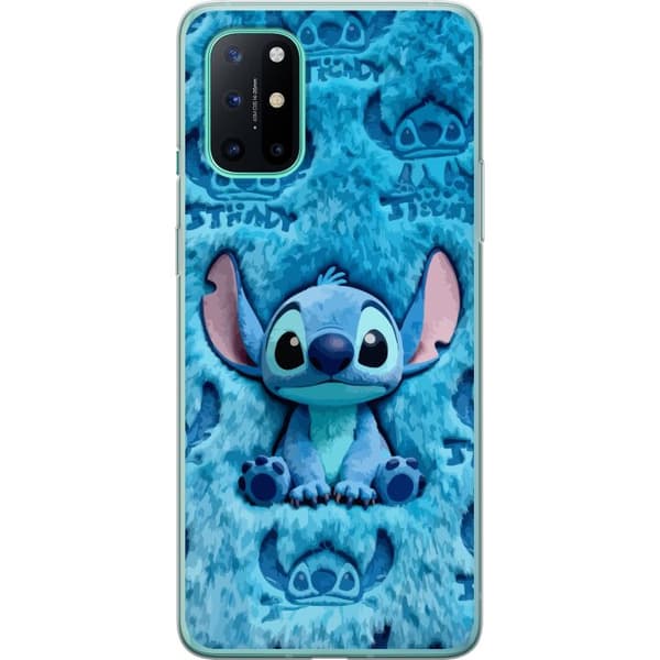 Compatible Phone Case for OnePlus 8T Stitch sitting on fluffy blue pattern with his face and ears repeated as texture, creating a cute