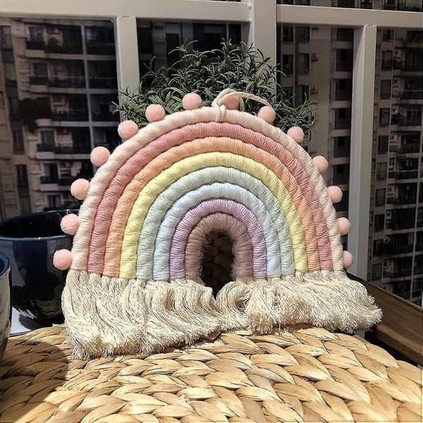 Stor regnbueveggdekorasjon, pastellfiber regnbueveggdekorasjon, makrame regnbueveggdekorasjon (7,9 x 9,8 tommer)