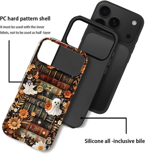 til iPhone 17 Pro Max - Slankt Anti-ridse Mobilcover til Piger Kvinder - Søde Spøgelser Bogreol Efterårsblomster (Blank)