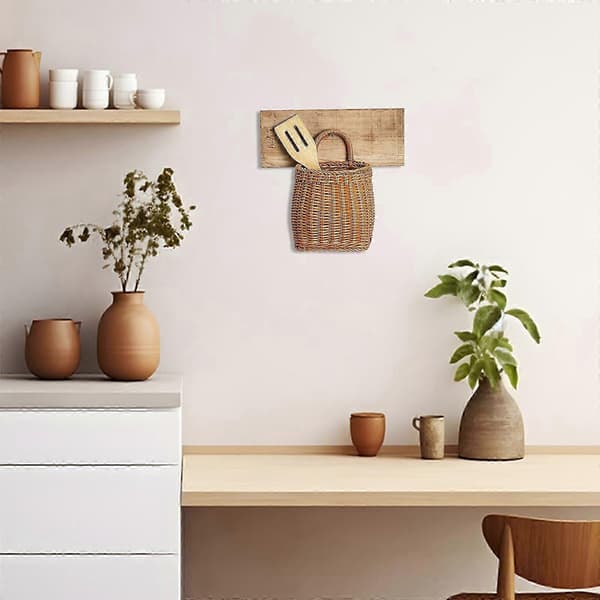 Imitation Rattan Woven Wall Basket, Durable Plastic Storage Solution for Kitchen, Brown, 1 Set