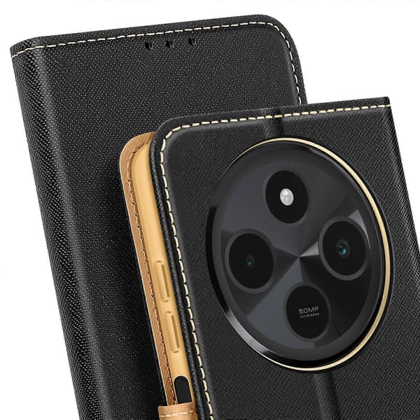 Etui til Xiaomi Redmi 14C Pung Læder Saffiano Fancy, Sort / Guld