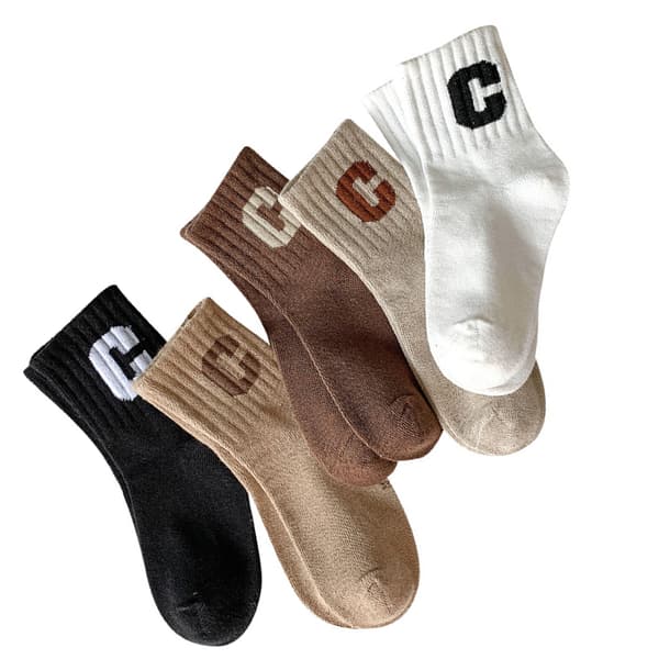 Børnestrømper Mid Calf Kæmmet Bomuld Varme Stilfulde C-Bogstav Børnestrømper til Efterår Vinter L 6-8 År Gamle (Passer til Fodlængde 6.3-7.1 tommer)