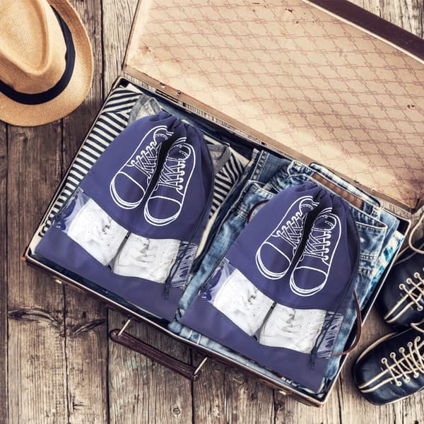 Non-woven Portable Waterproof Shoe Storage Bag Drawstring Organizer Purple Blue M Printed