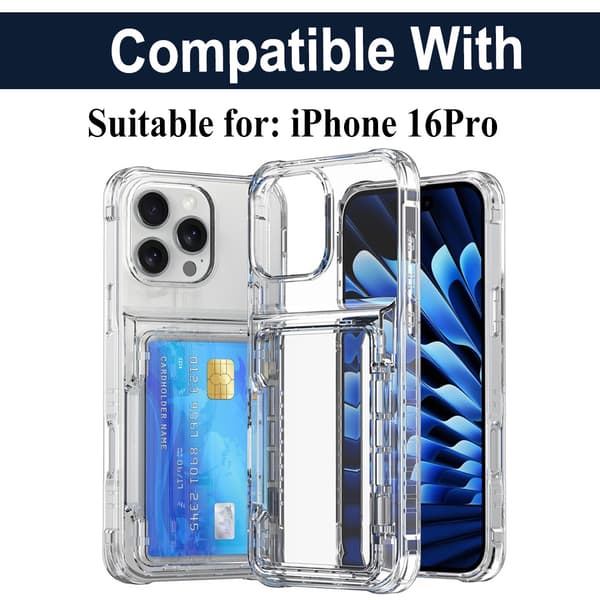 iPhone 16 Pro Cover med Stativ og Kortholder, Gennemsigtig