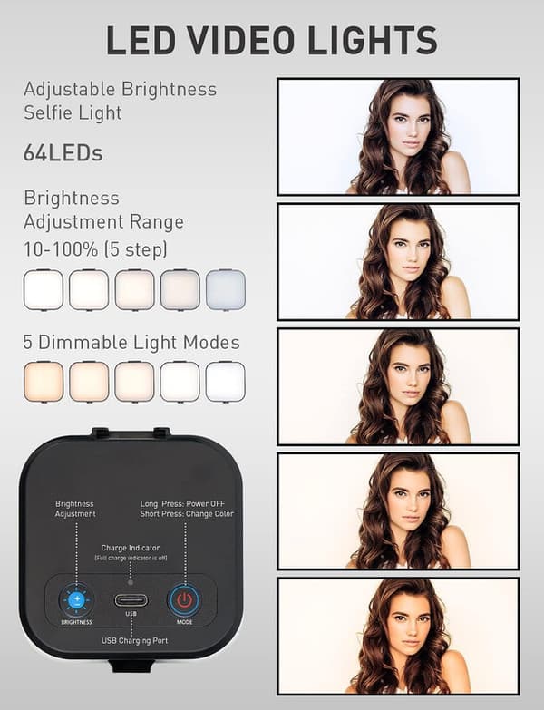 64 LED Rechargeable Selfie Light - 5 Lighting Modes Phone Ring Light Mini Portable Clip-on Fill Light