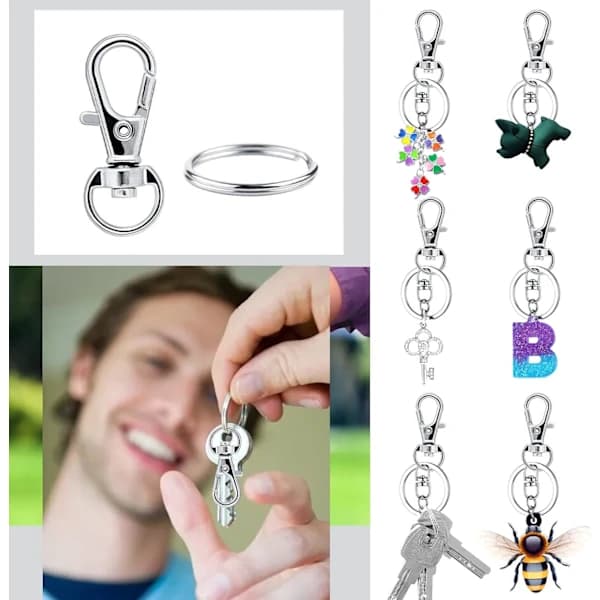 Lille nøglering i rustfrit stål, 50 karabinhager + 50 nøgleringe, DIY, DIY-ring, knaplås (sølv)